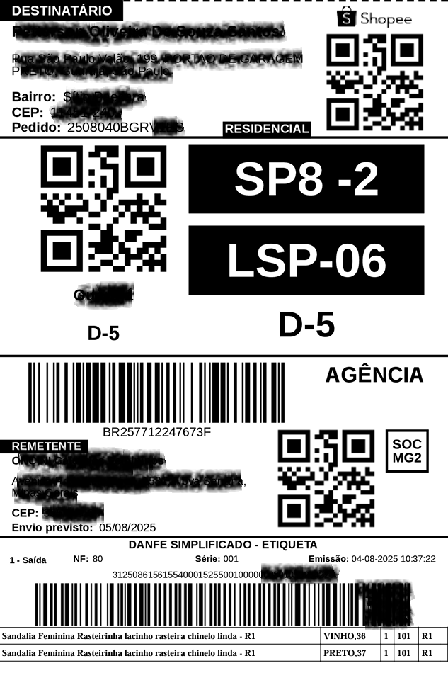 Exemplo de etiqueta de envio com produtos gerada pelo EtiquetaEnvio